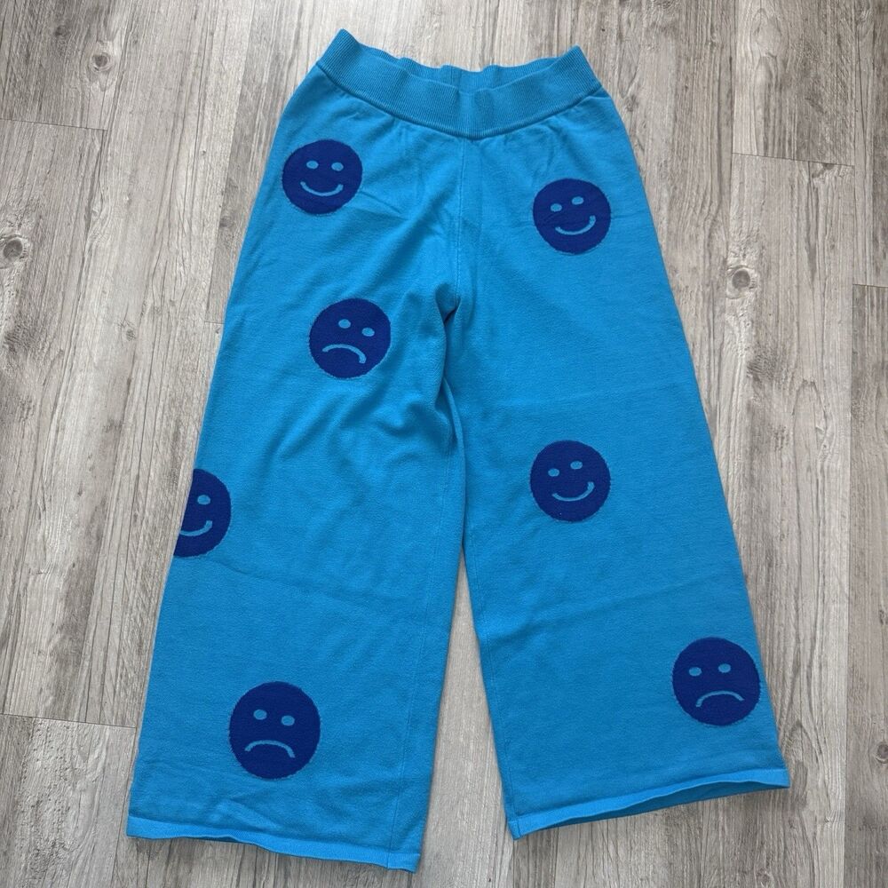 Dressed In Lala Lots Of Feelings Blue Knit Wide Leg Smiley Face Happy Sad Pants